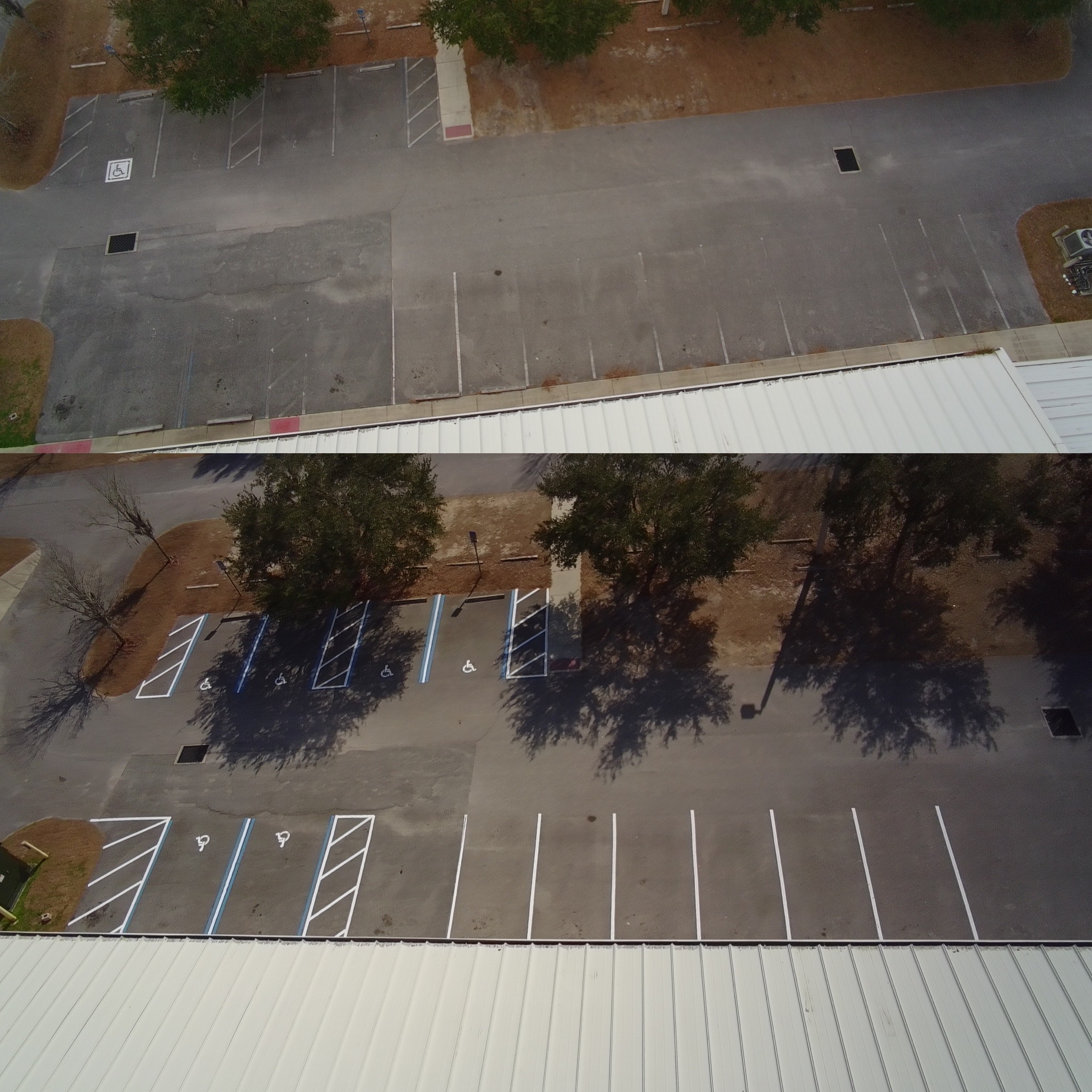 Before and after parking lot re-striping by Brightline Striping